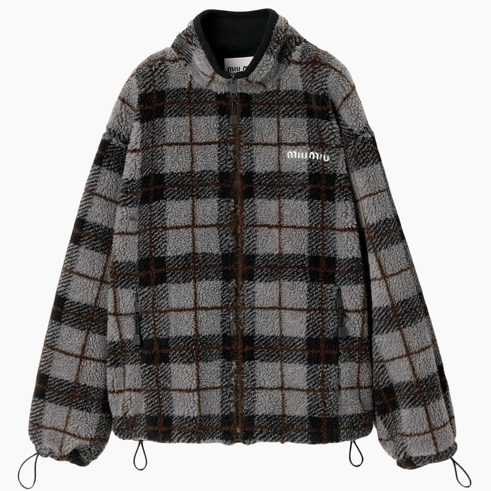 Miu Miu Gray and Brown Plaid Teddy Jacket